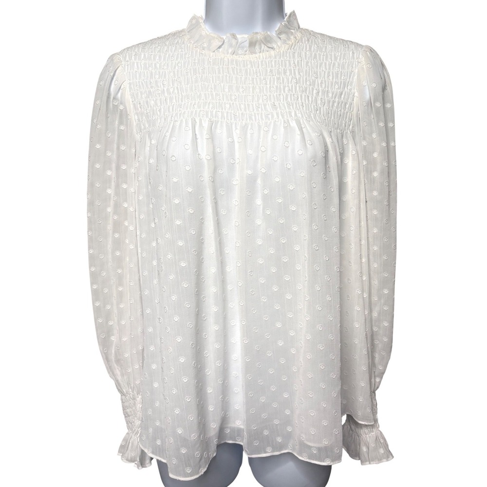REBECCA TAYLOR White Swiss Dot Smocked Ruffle Blouse XS Boho-Chic Coquette